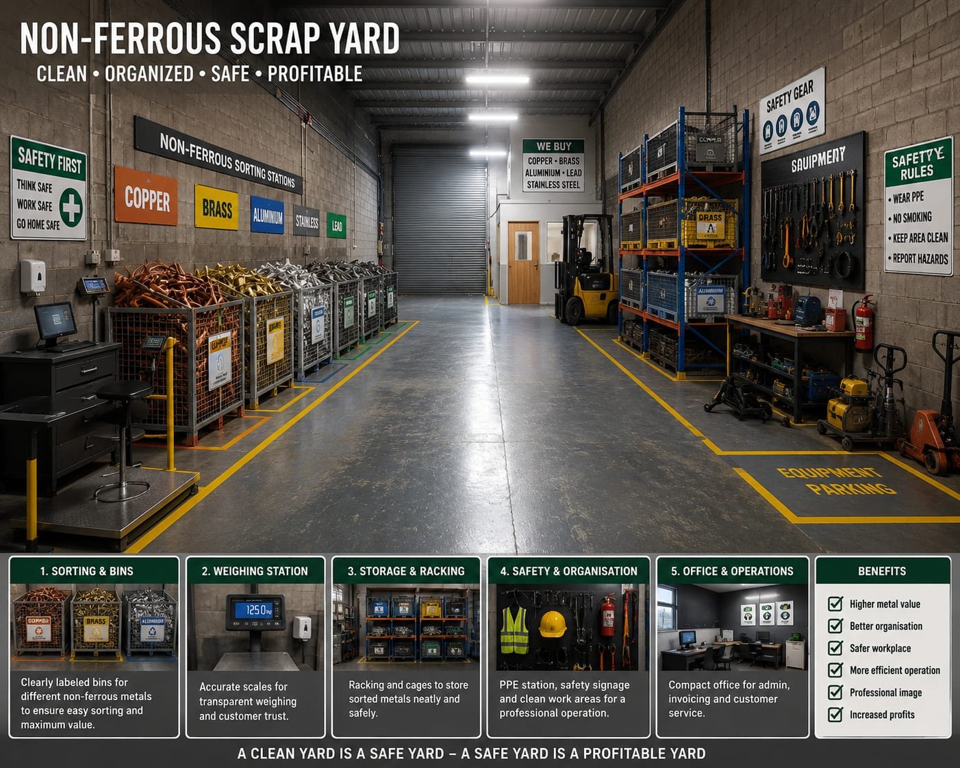 A clean, organised non-ferrous scrap yard